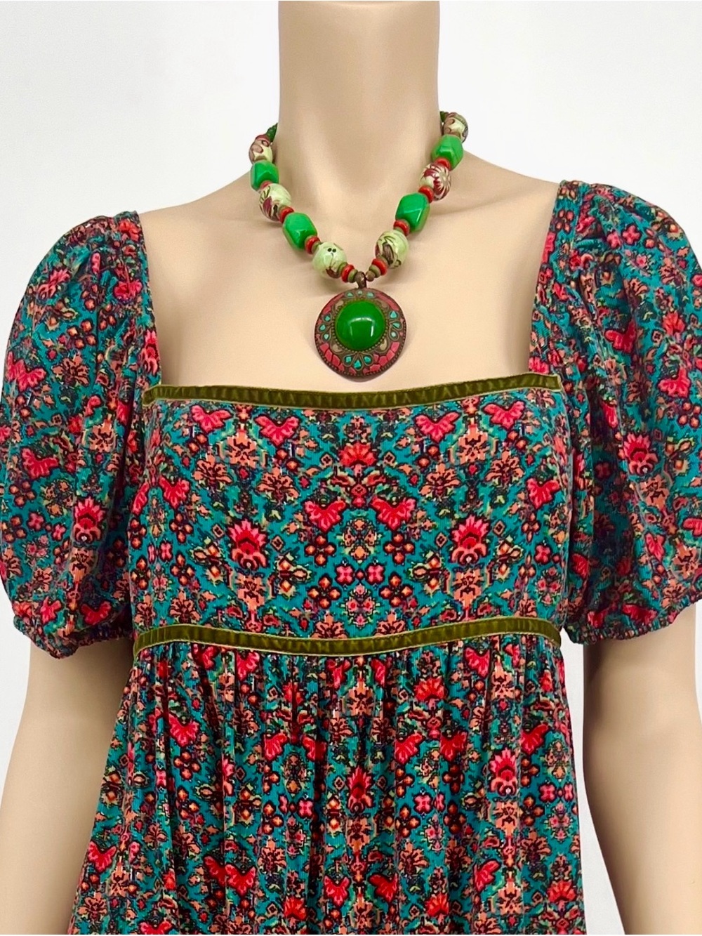 LOFT Teal Dress with Red and Orange Floral Accents
